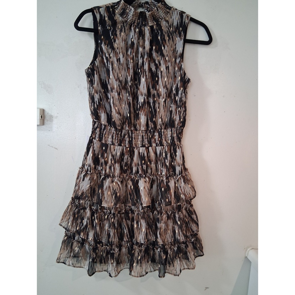 MSK Petite Brown Gold Metallic Smocked Mock Neck Tiered Ruffle Mini Dress PM